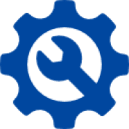 Blue gear with wrench inside, black background.