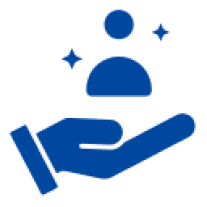 Blue hand icon holding a person silhouette.