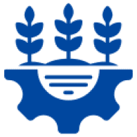 Blue gear and wheat symbol on black.