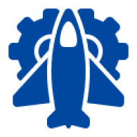 Blue airplane and gear icon on black.