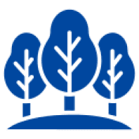Three stylized blue trees on black background.